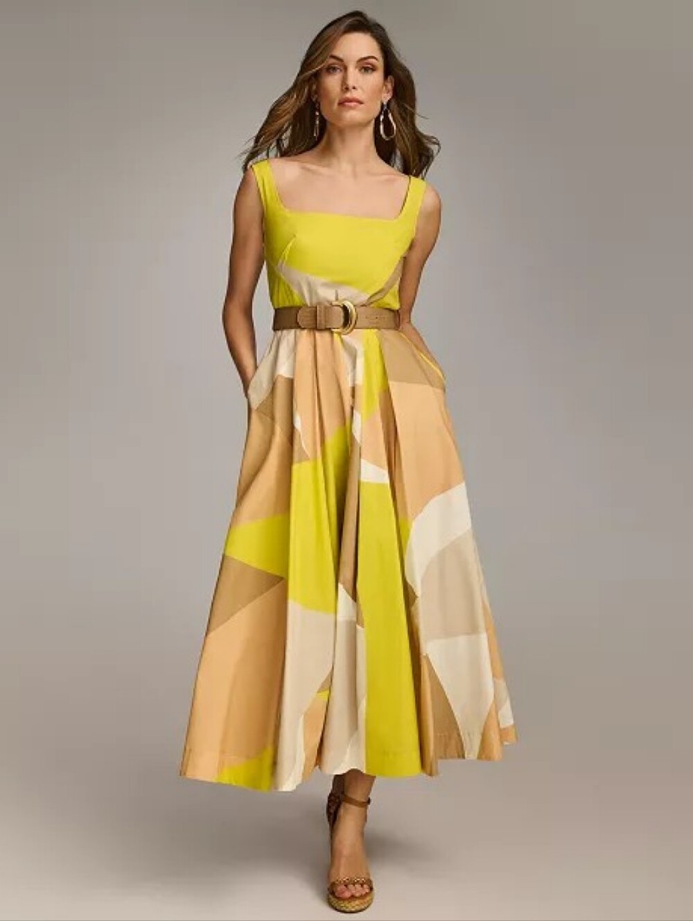 NWT Donna Karan Square-Neck Buckled Sleeveless Midi Dress, Size 0P *NO BELT*